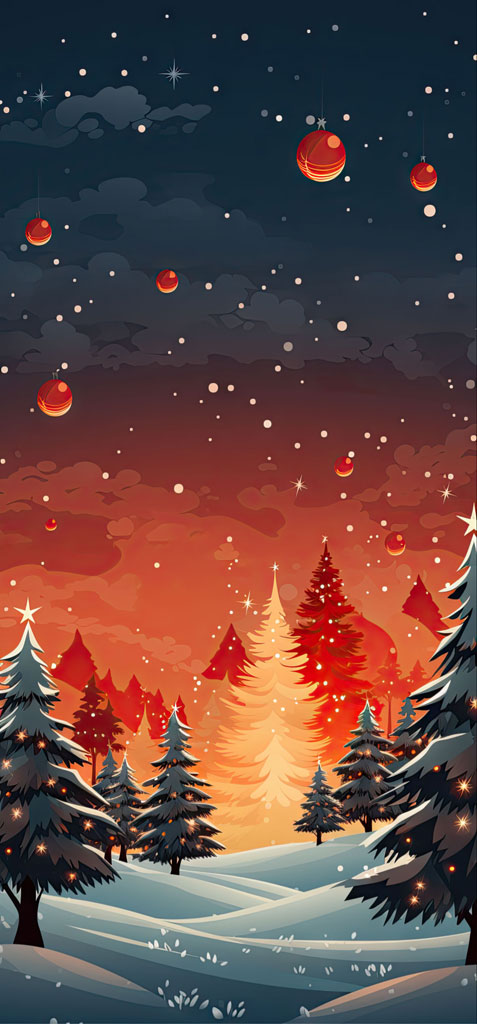 A cartoon illustration of a snowy forest with Christmas trees and ornaments floating in the sky.
