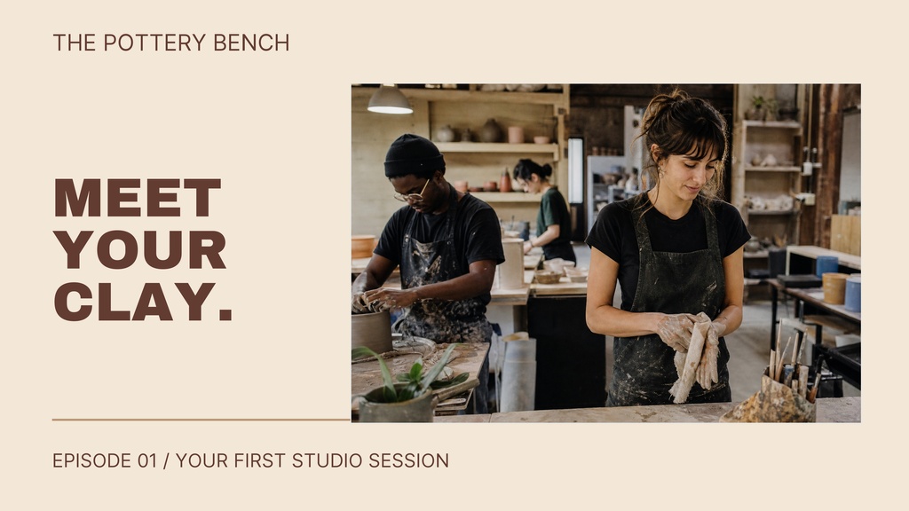 Pottery studio scene with two makers and the text Meet Your Clay.