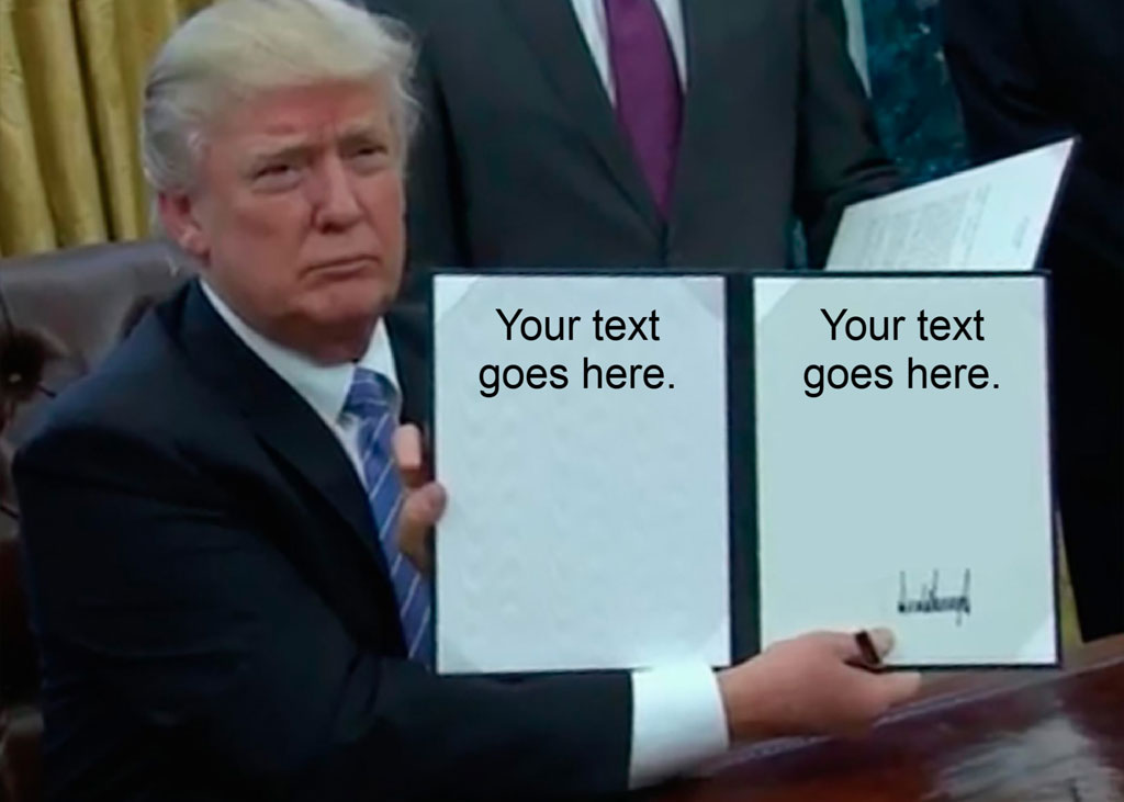 Donald Trump holding two white documents with black placeholder text