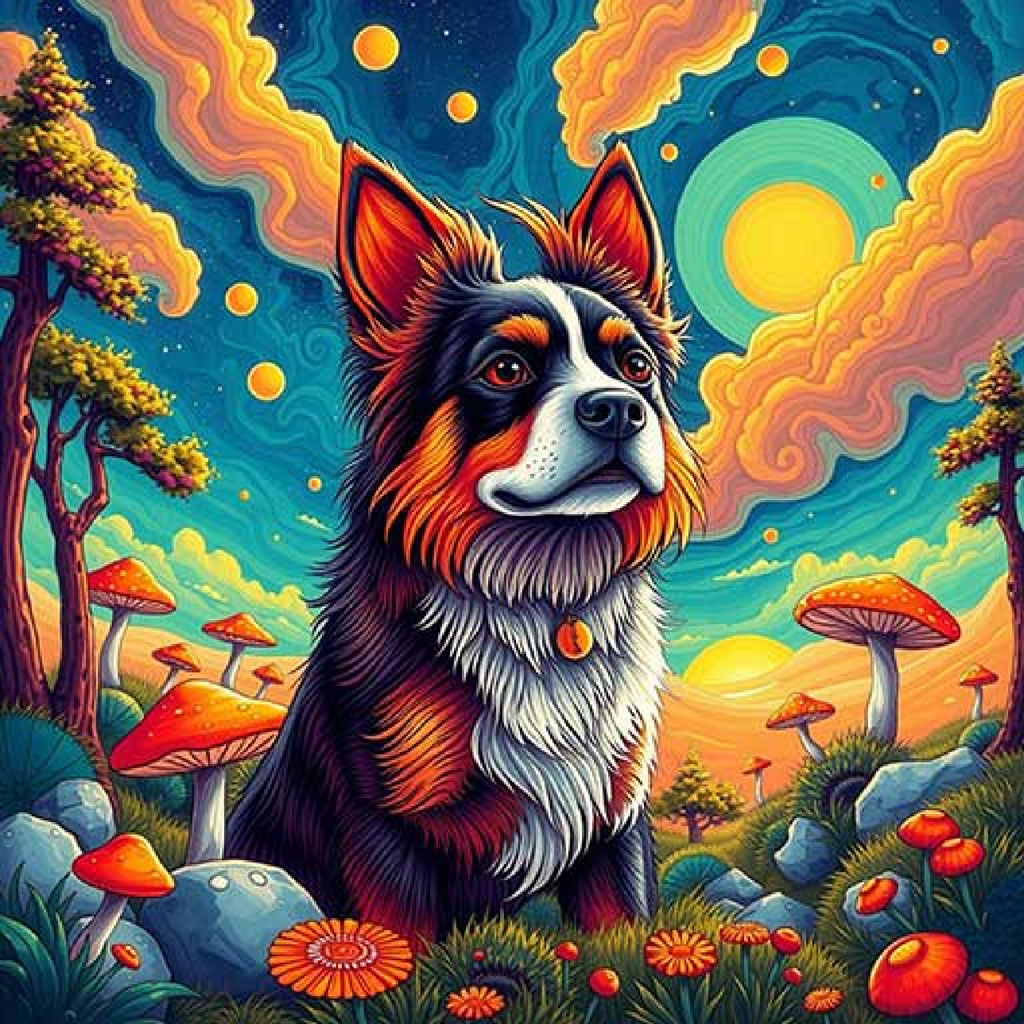 A surreal landscape featuring large, red-capped mushrooms and a staircase leading through lush greenery under a bright, multicolored sky.