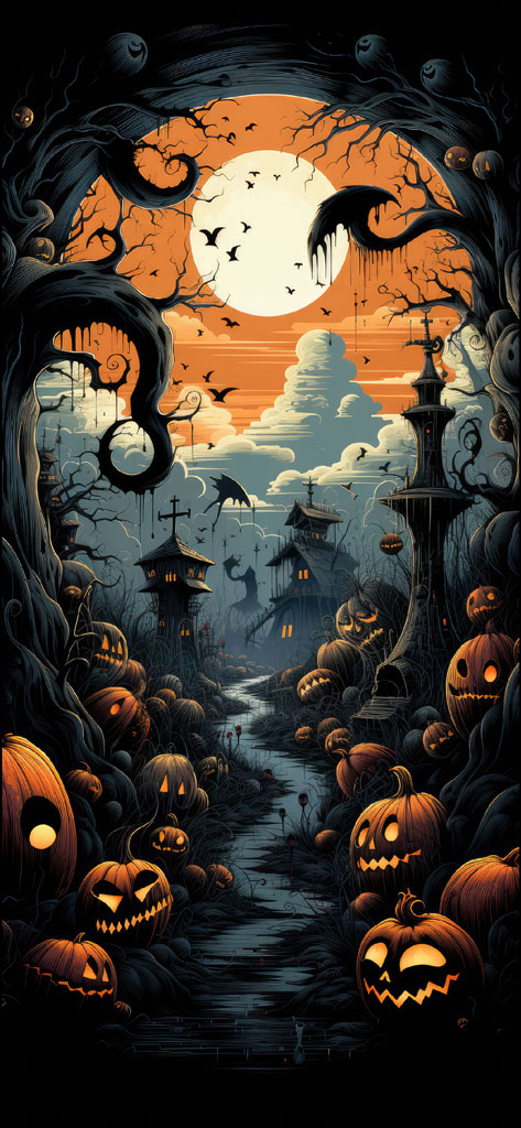 Halloween night scene with pumpkins and haunted houses under a full moon