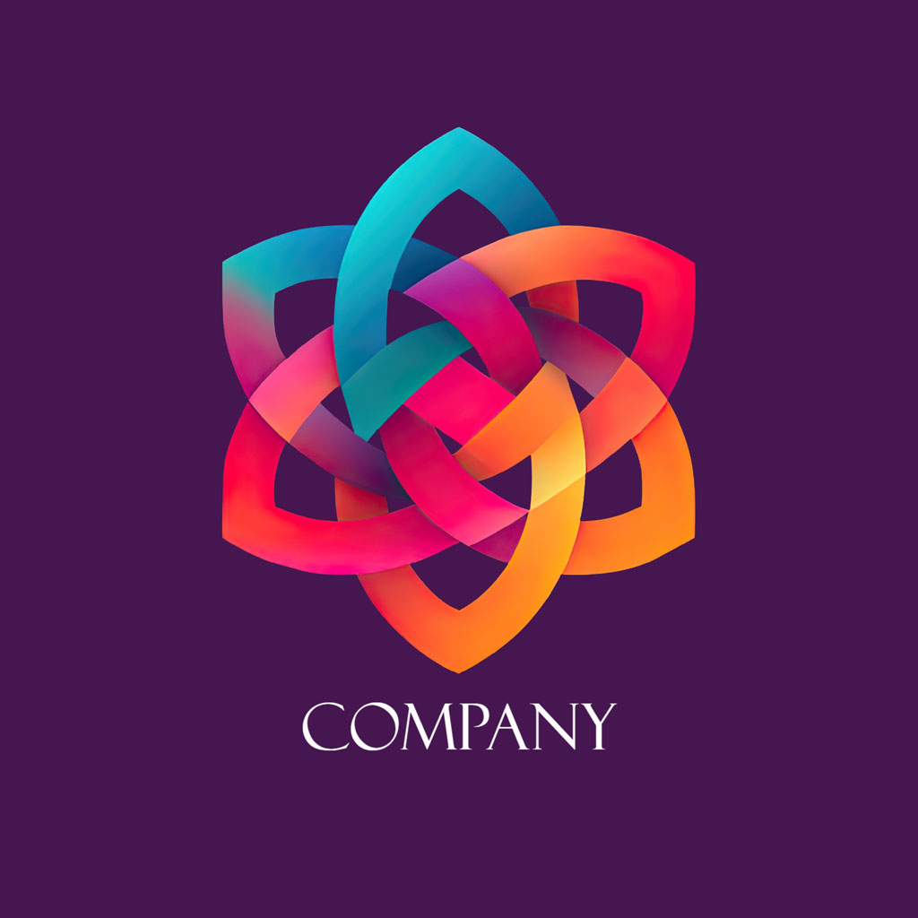 Intertwined rings logo with gradient colors on a purple background