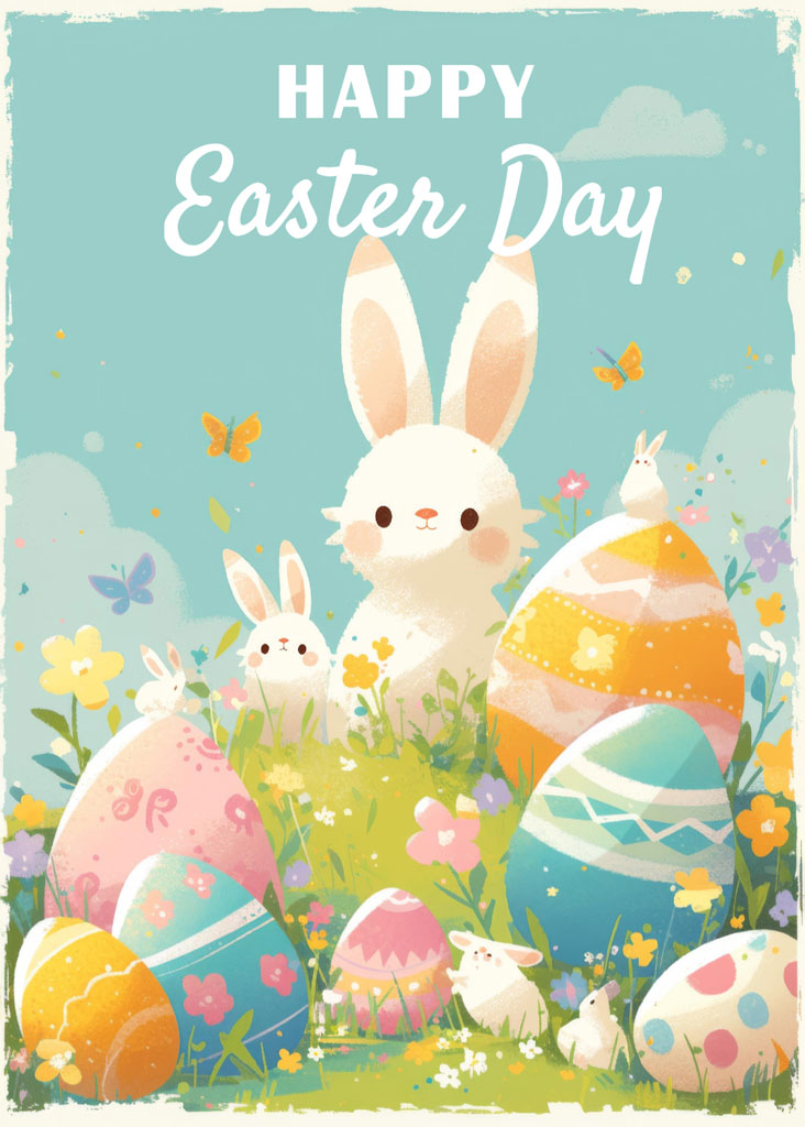 Illustration of a white bunny with Easter eggs and butterflies