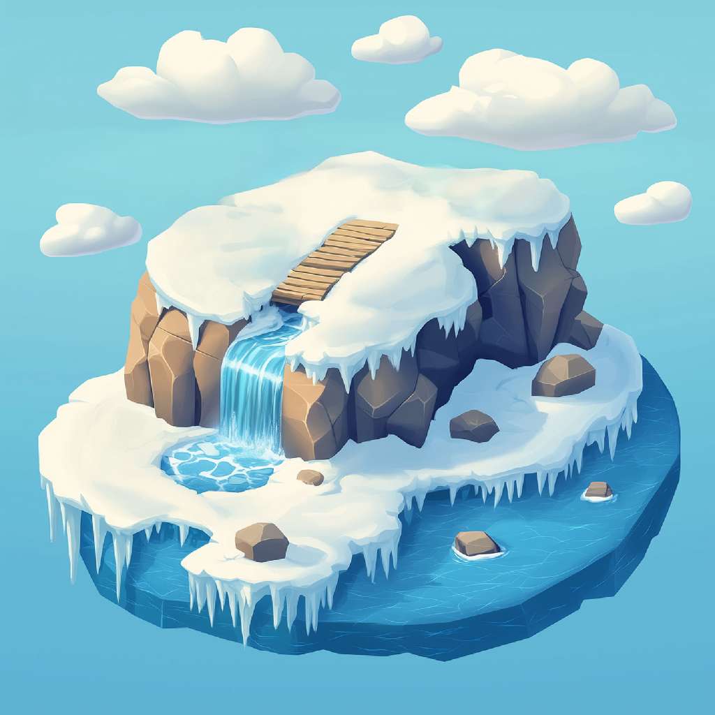 3D isometric illustration of a snowy island with a waterfall and wooden stairs