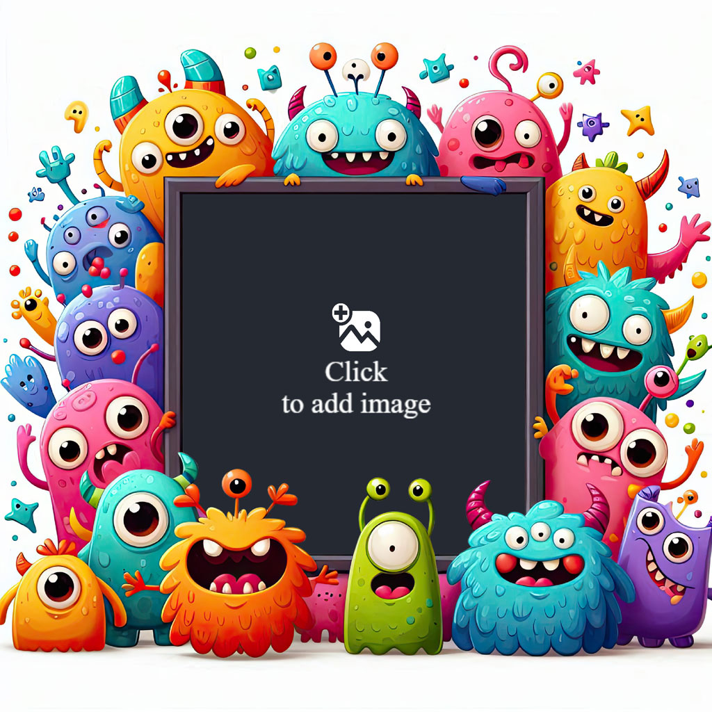 A diverse group of colorful cartoon monsters surrounding a large blank screen.