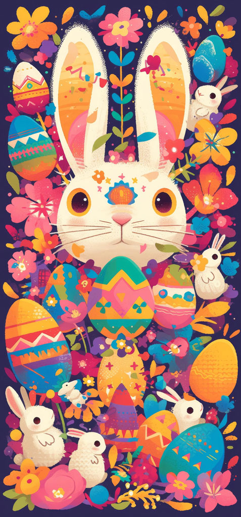 Illustration of a white Easter bunny with colorful eggs and flowers