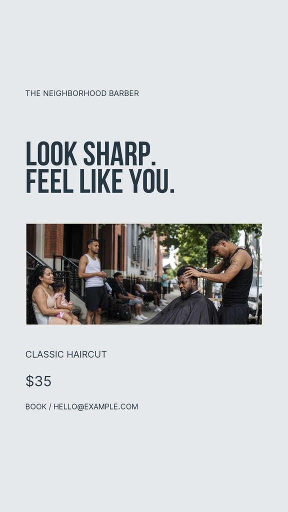 Instagram story design with barber photos, headline, haircut price, and booking contact text.