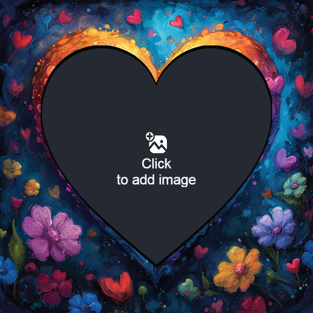 A black heart-shaped template on a vibrant background with flowers and hearts.