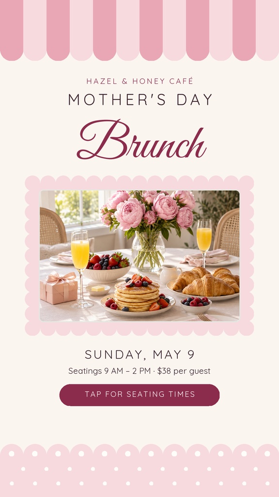 Pink Mother’s Day brunch story template with café text and a brunch table photo