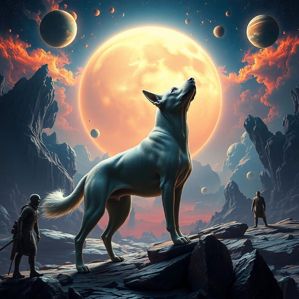 A digital artwork depicting warriors on a rocky terrain with a large planet and several moons in the background.