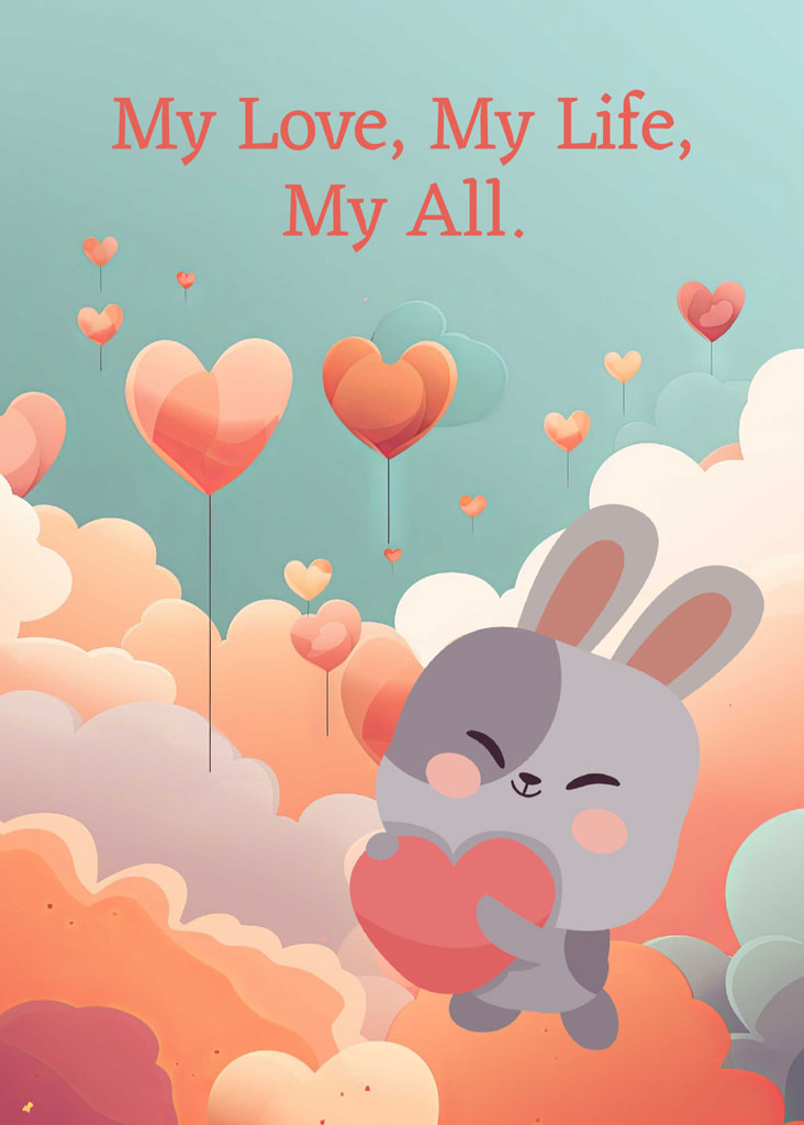 Cartoon bunny holding a heart amidst floating heart balloons and clouds