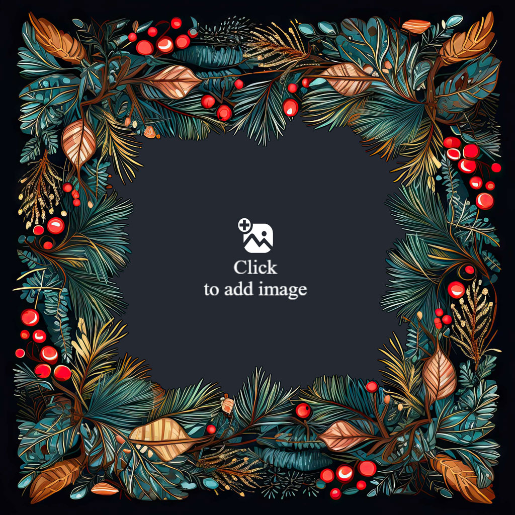 A smiling mother with her children kissing her cheeks, framed by a decorative wreath of pine branches and red berries.