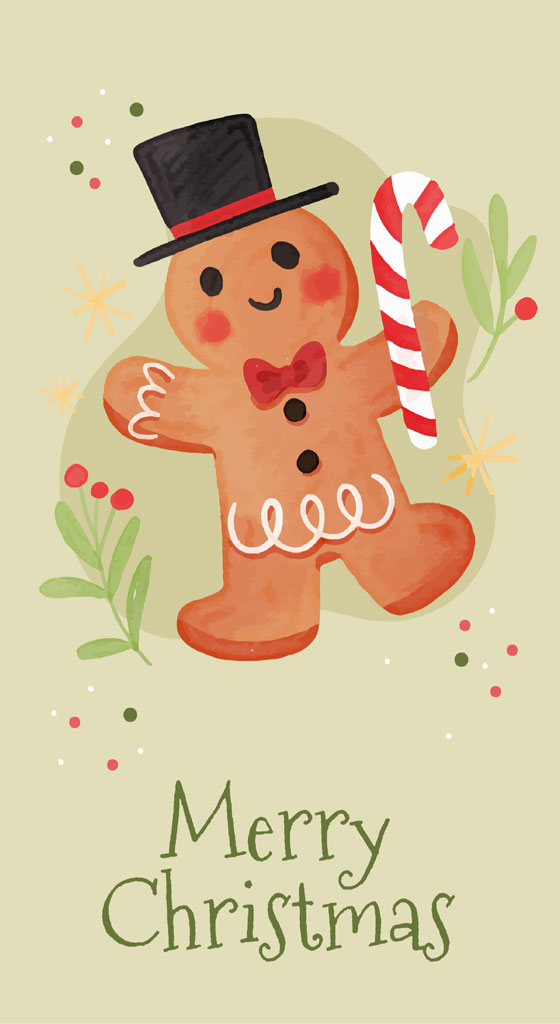 Gingerbread man with a top hat and candy cane