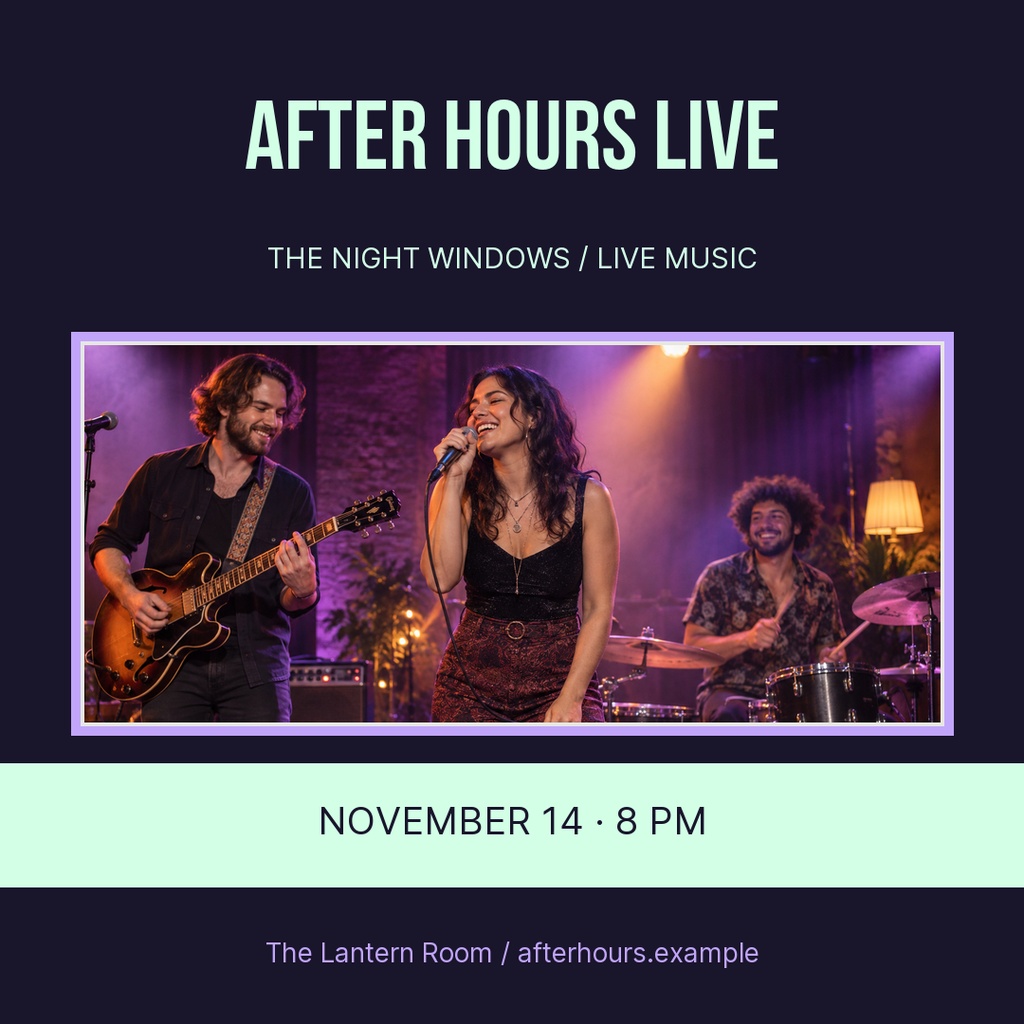 Square concert poster with live band photo, purple accents, mint title text, and event details.