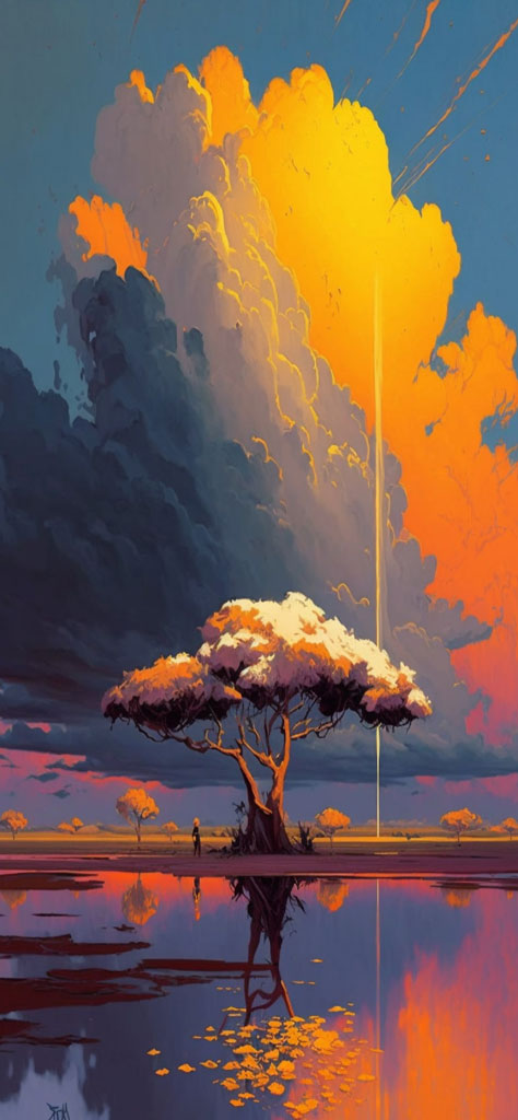 A digital painting of a tree with a large cloud above it, reflected in the water below.