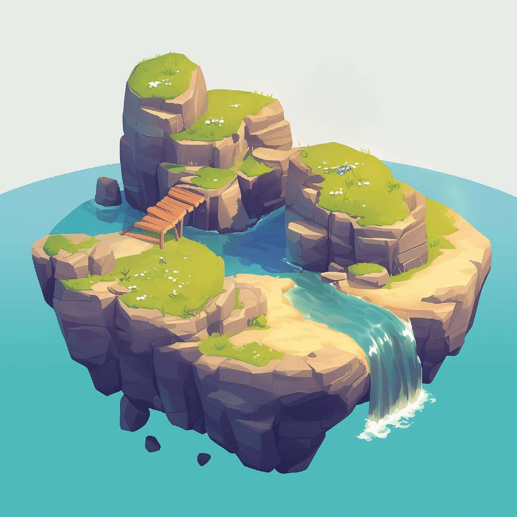 A 3D illustration of a small island with a waterfall and wooden bridge.