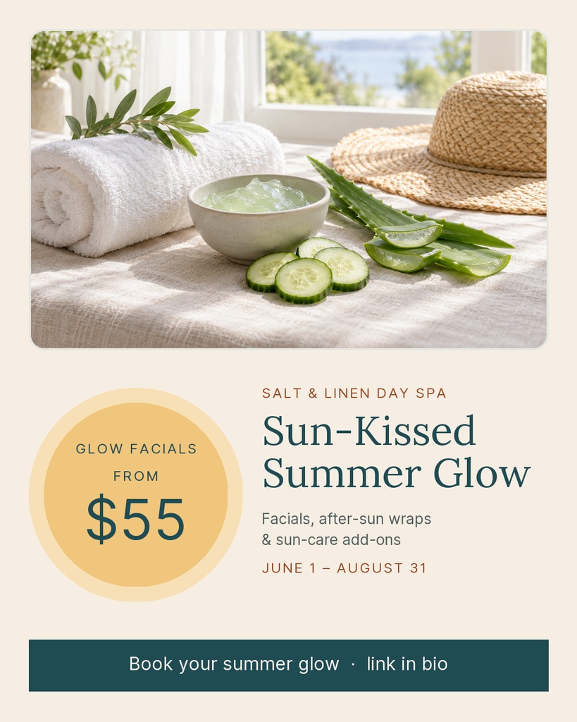 Spa promo template with cucumbers, towel, straw hat, facial price, and summer glow text.