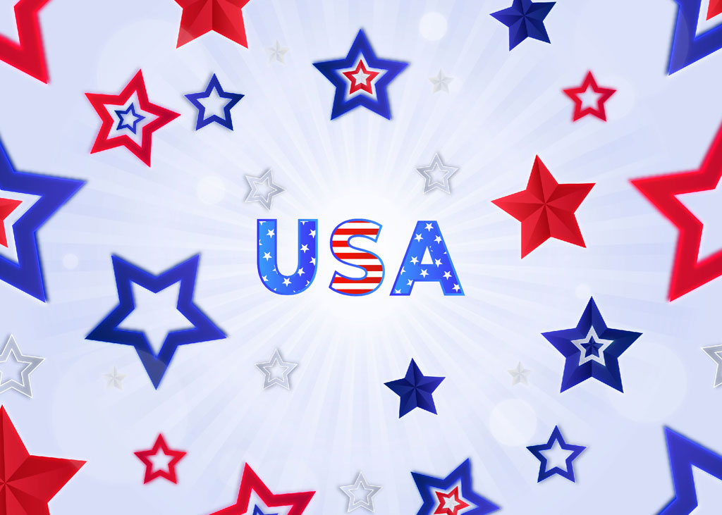 USA written in starry letters surrounded by red, white, and blue stars
