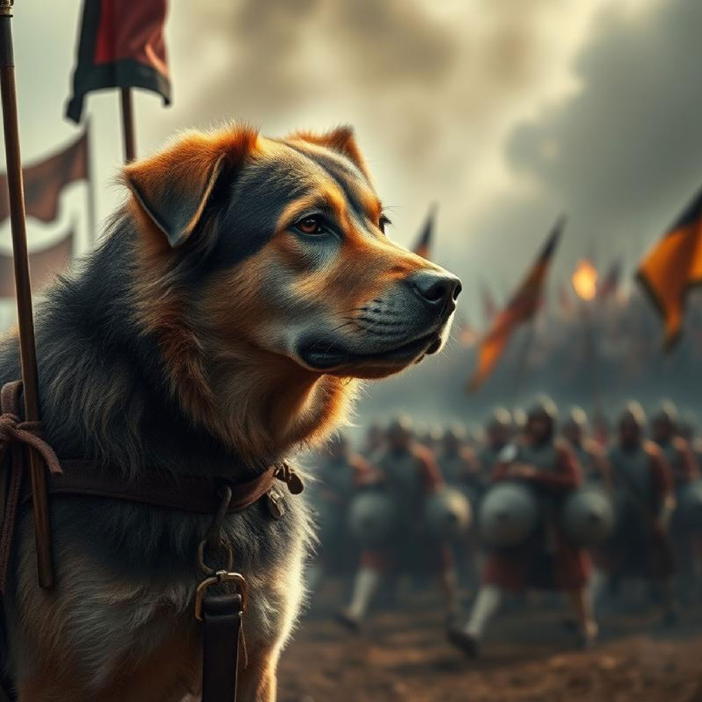 Medieval warrior in armor holding a red flag and shield, leading a group of soldiers into battle.