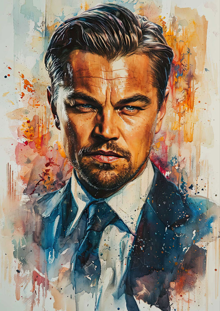 Watercolor portrait of a man with a stern expression wearing a suit and tie