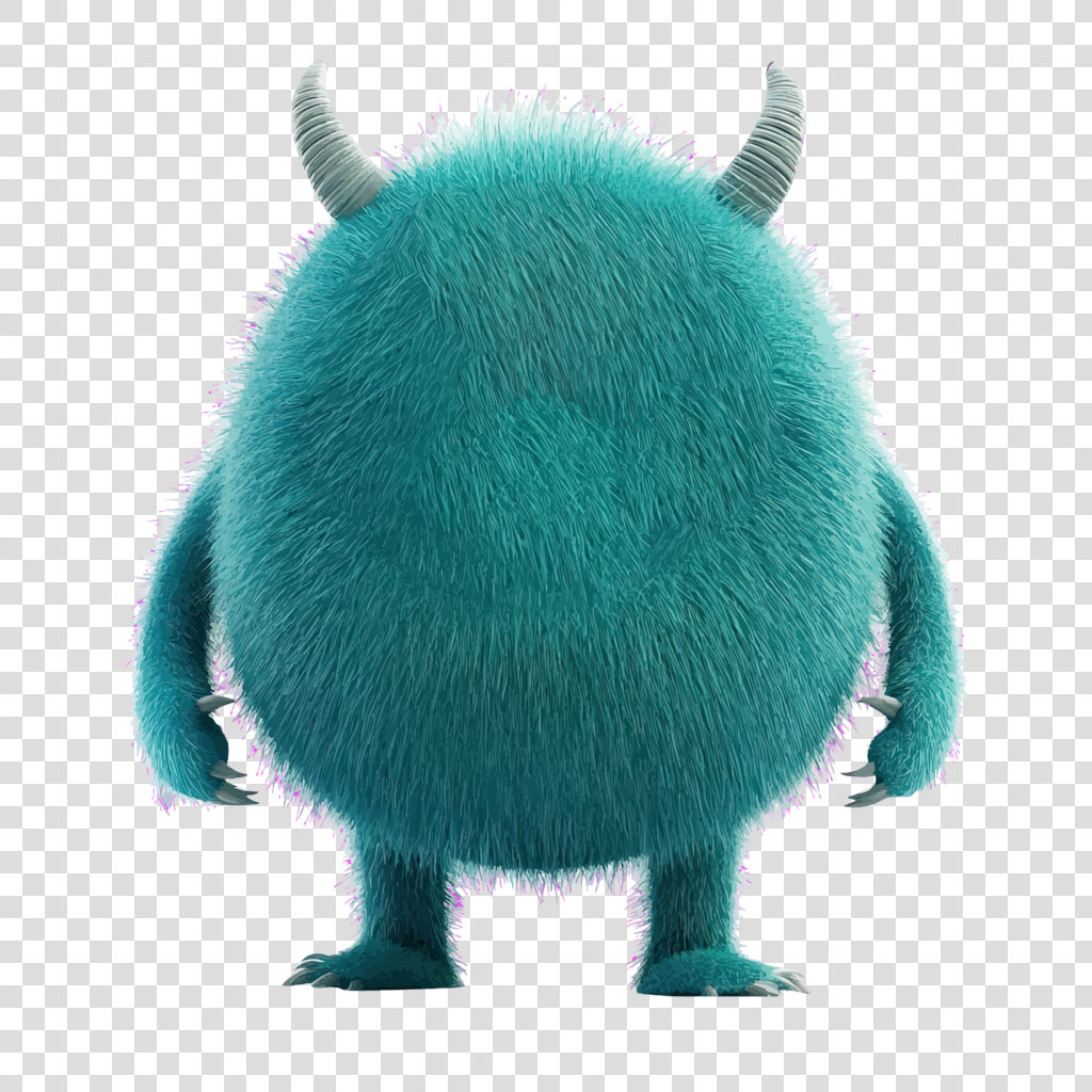 A teal monster with a furry body and two horns on its head.