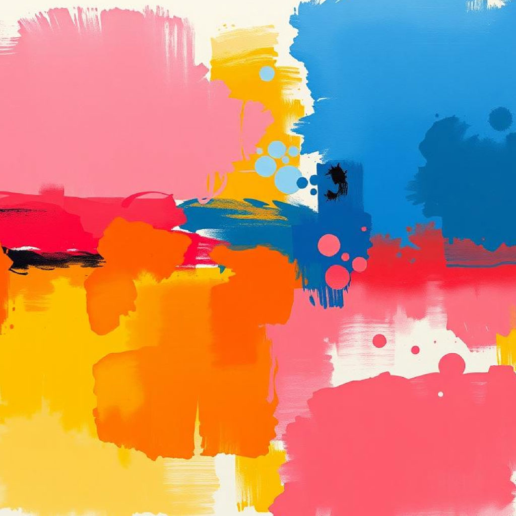 Abstract art with pink, blue, yellow, and orange colors