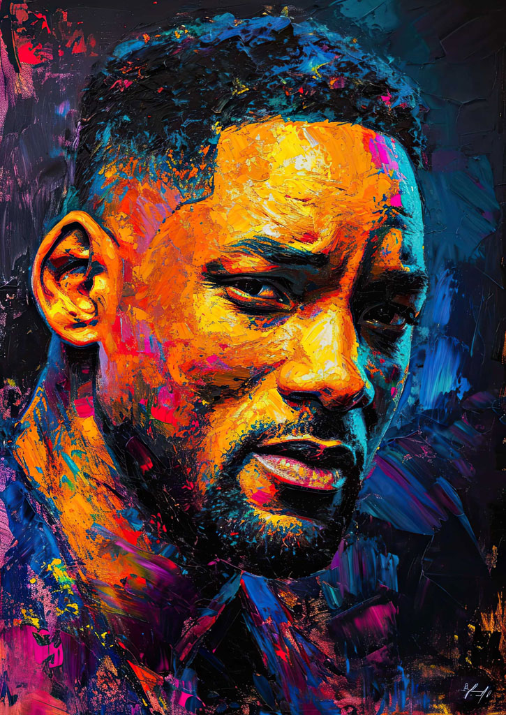 A close-up of a man's face with a mix of warm and cool colors.