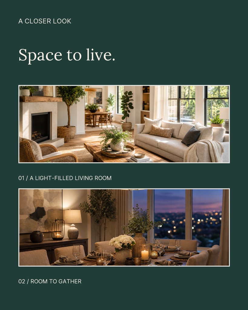 Portrait real estate carousel with two interior photos, a living room and a dining area at dusk.