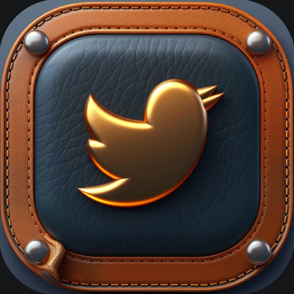 Twitter logo icon with gold bird on dark blue leather