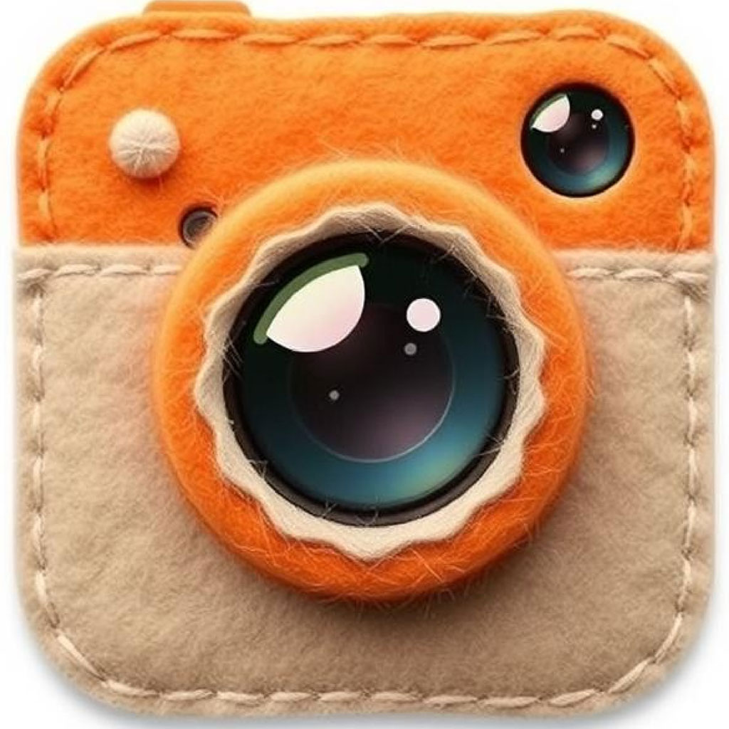 A felt toy camera with a large eye lens