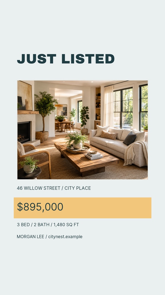 A just listed Instagram Story layout featuring a living room photo, price, address, and property details.