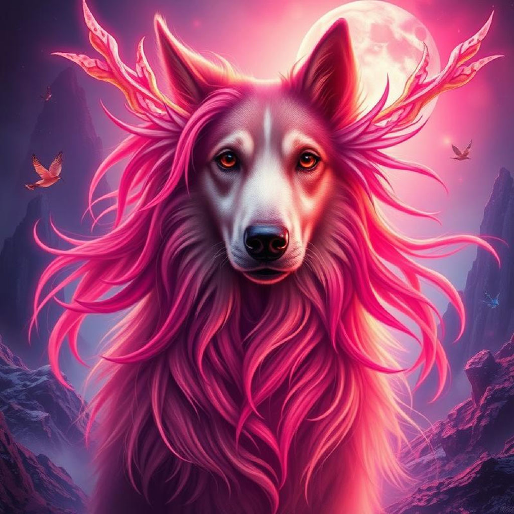 A woman with long pink hair and a flowing dress, surrounded by pink swirls and petals, standing in front of a mountain range.