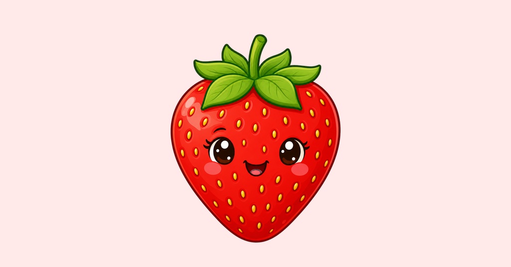 Cute smiling strawberry illustration on a light pink background.