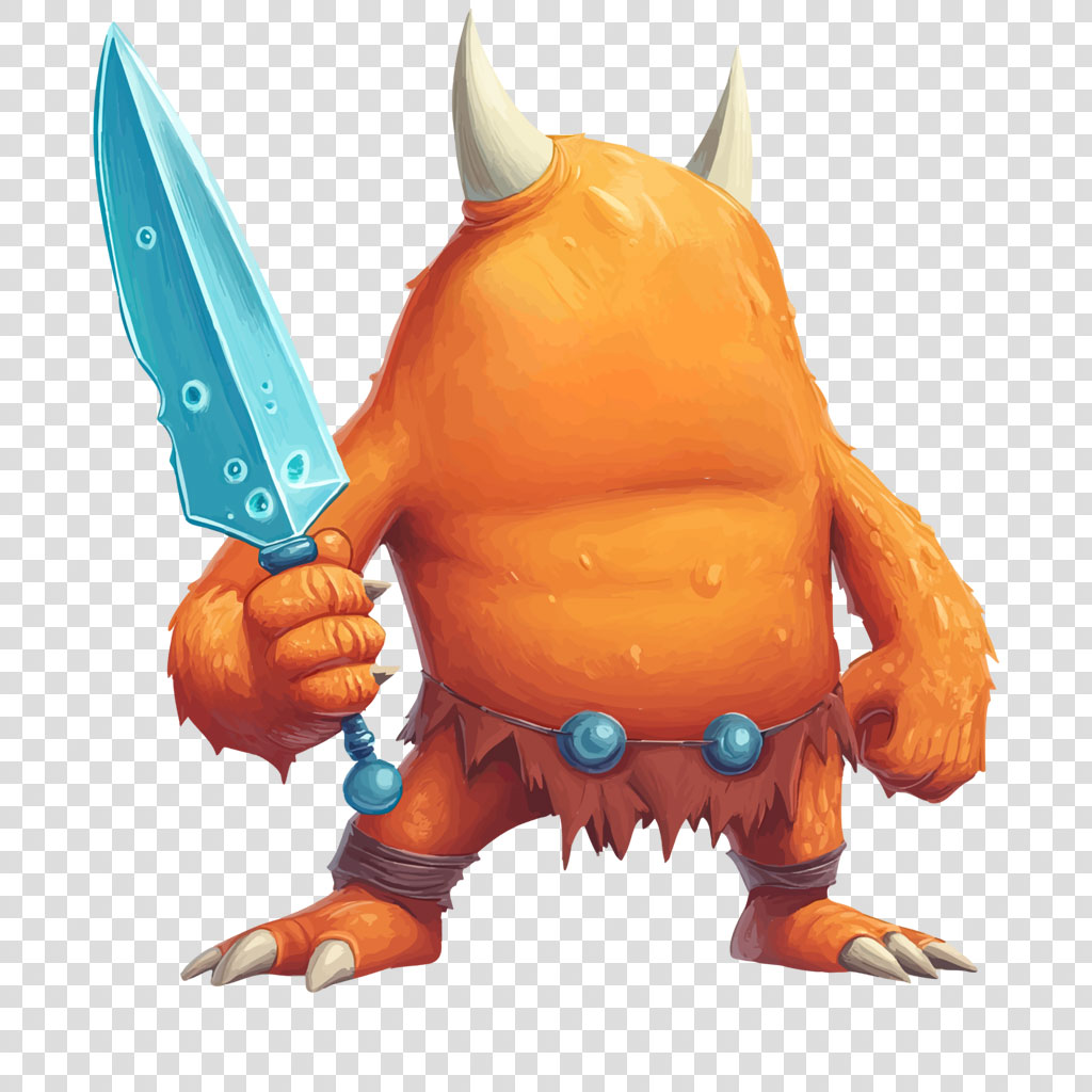 Orange troll with white horns holding a blue sword