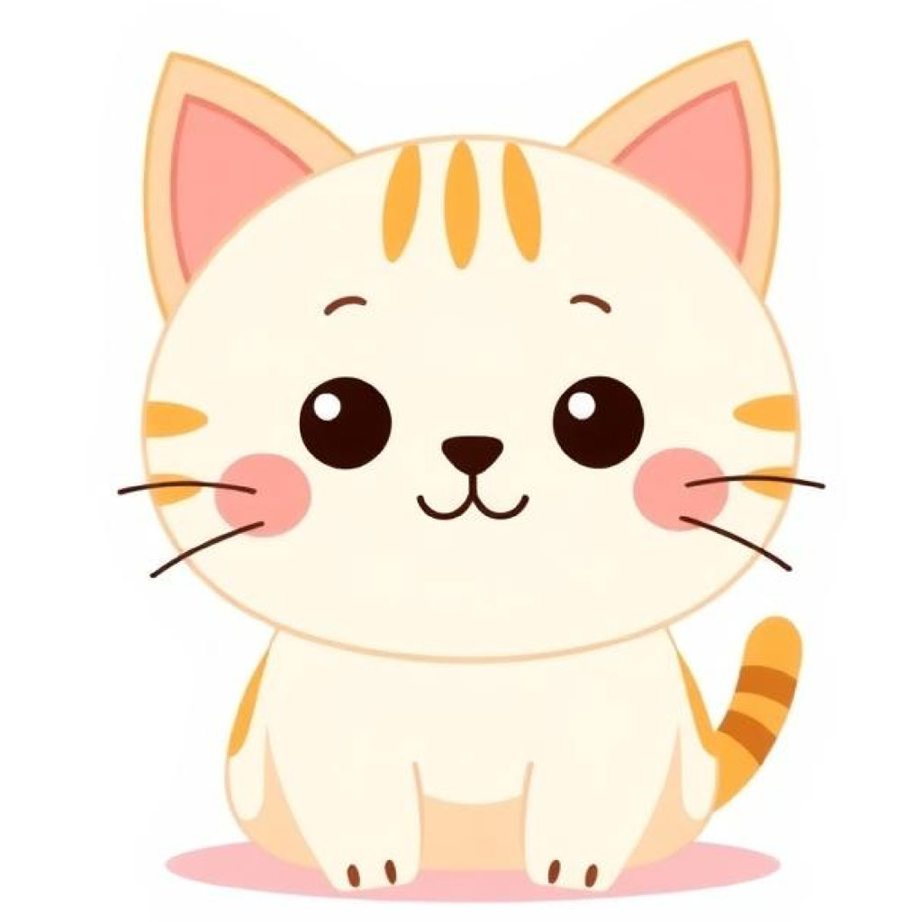 Cartoon cat with white and orange fur, large eyes, and a smiling face