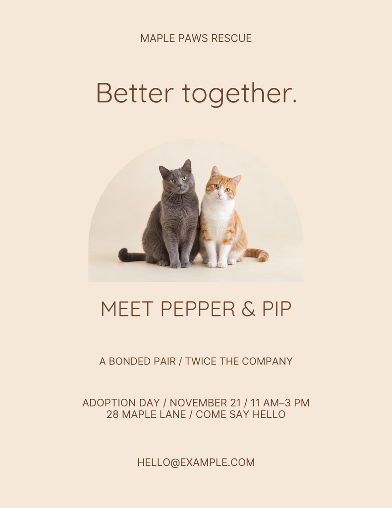 Portrait flyer featuring two cats sitting together on a beige background with adoption event text.