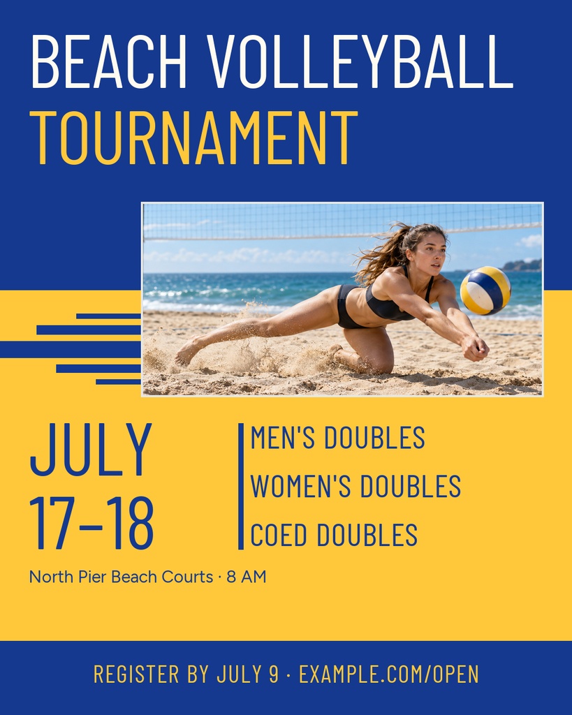 Portrait poster with beach volleyball player diving for a ball and tournament details on a blue and yellow background.