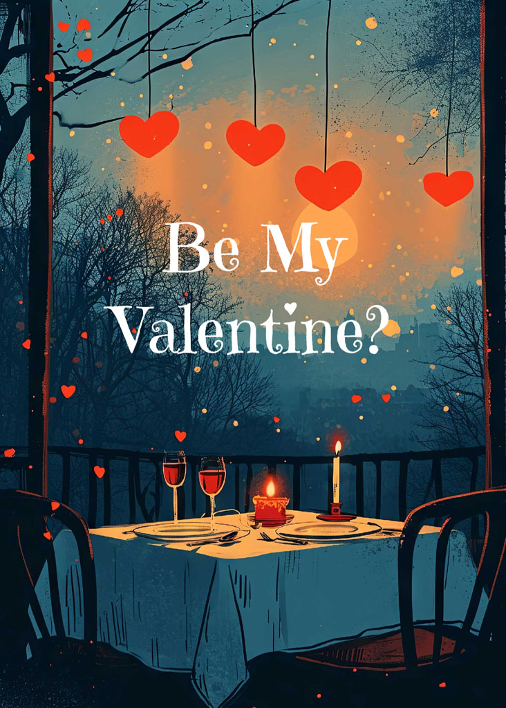 A romantic dinner setup for Valentine's Day with a candlelit table on a balcony surrounded by winter trees and hanging hearts.