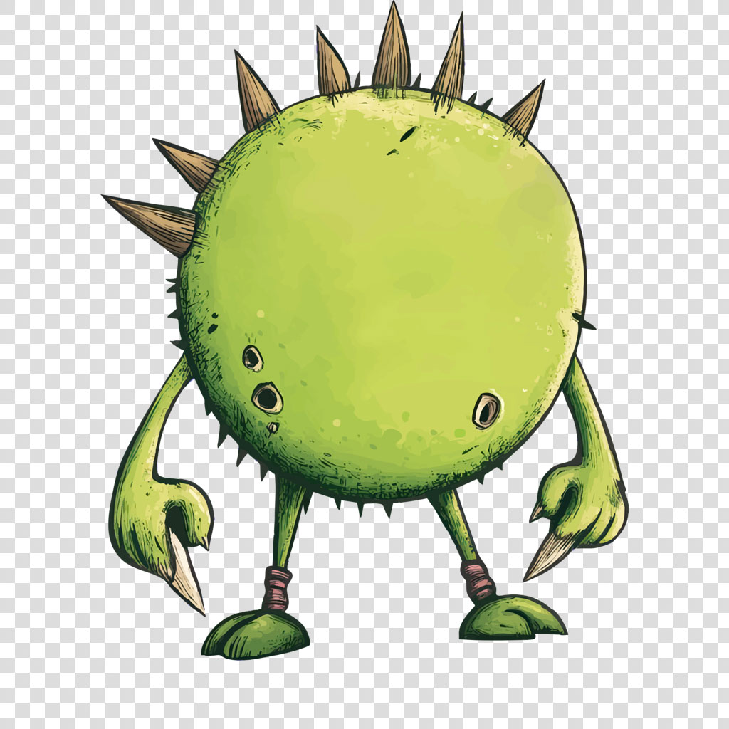A green, round monster with spikes and sharp claws