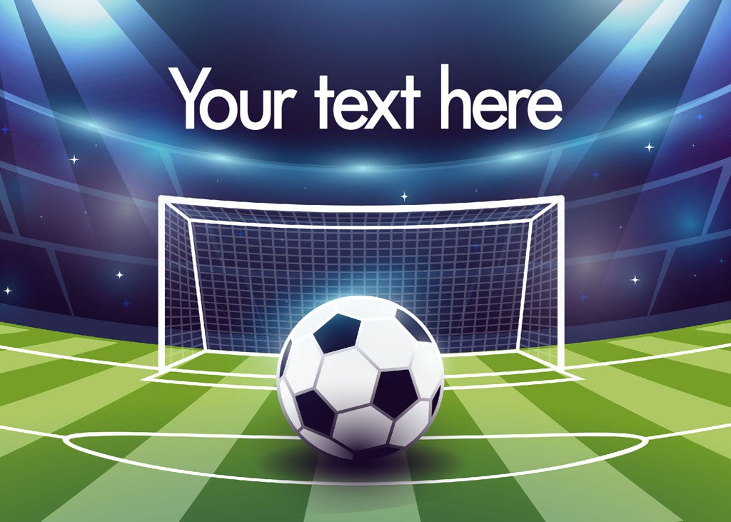 Soccer ball in front of a goal on a green striped field with stadium lights shining down