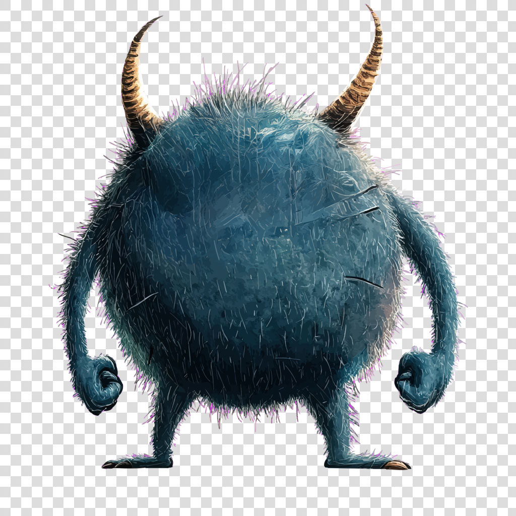 A blue, furry monster with two horns and a menacing stance.