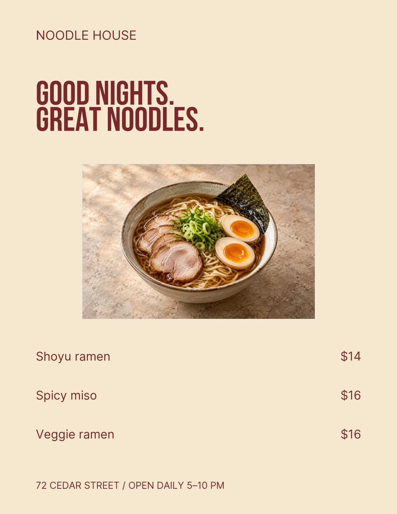 Preview for Noodle House Nights Letter Menu / Price List Template