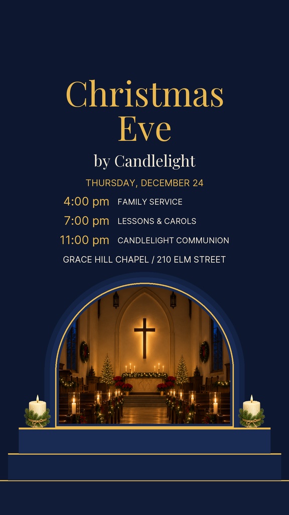 Portrait Christmas Eve by Candlelight church service poster with gold text and sanctuary photo