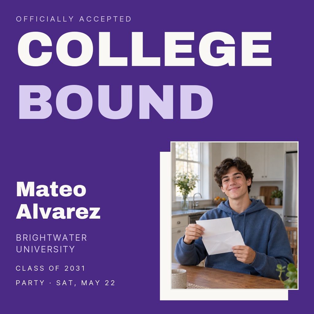 Purple square post template with large College Bound text and a student holding an acceptance letter photo.