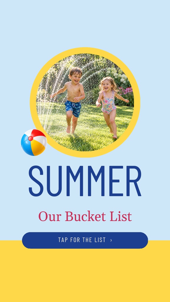 Two children running outdoors in a circular photo frame with summer bucket list text on a blue and yellow template.