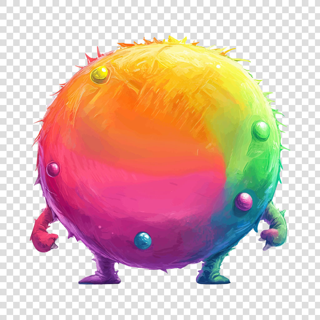 A cartoon creature with a round, rainbow-colored body and small legs.