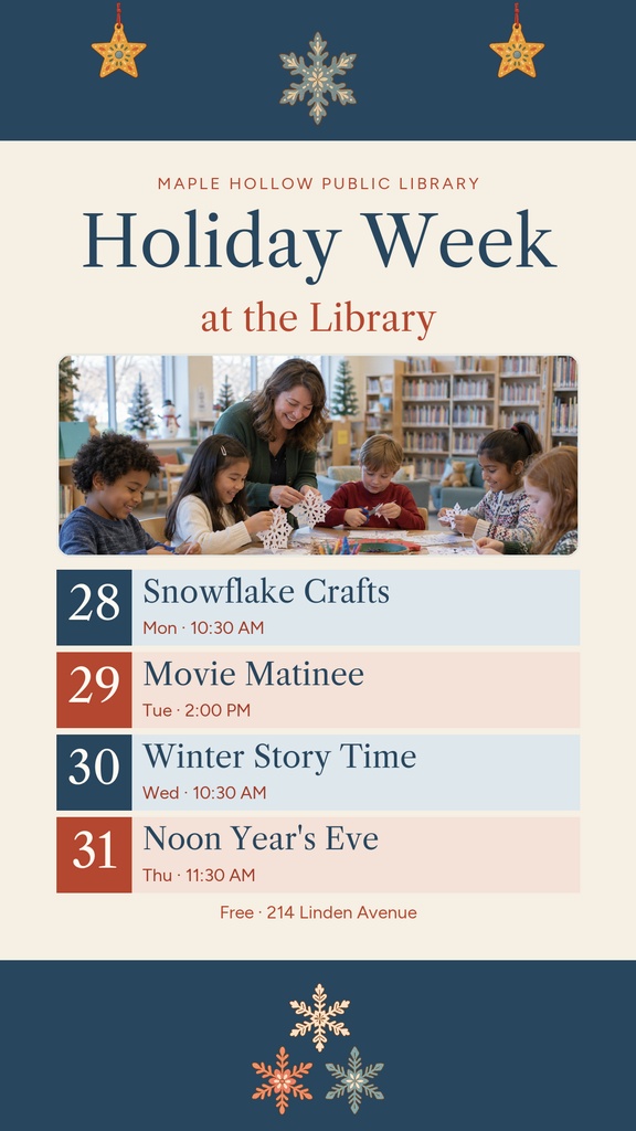 Portrait library event poster with holiday week schedule, dates, and winter activities.
