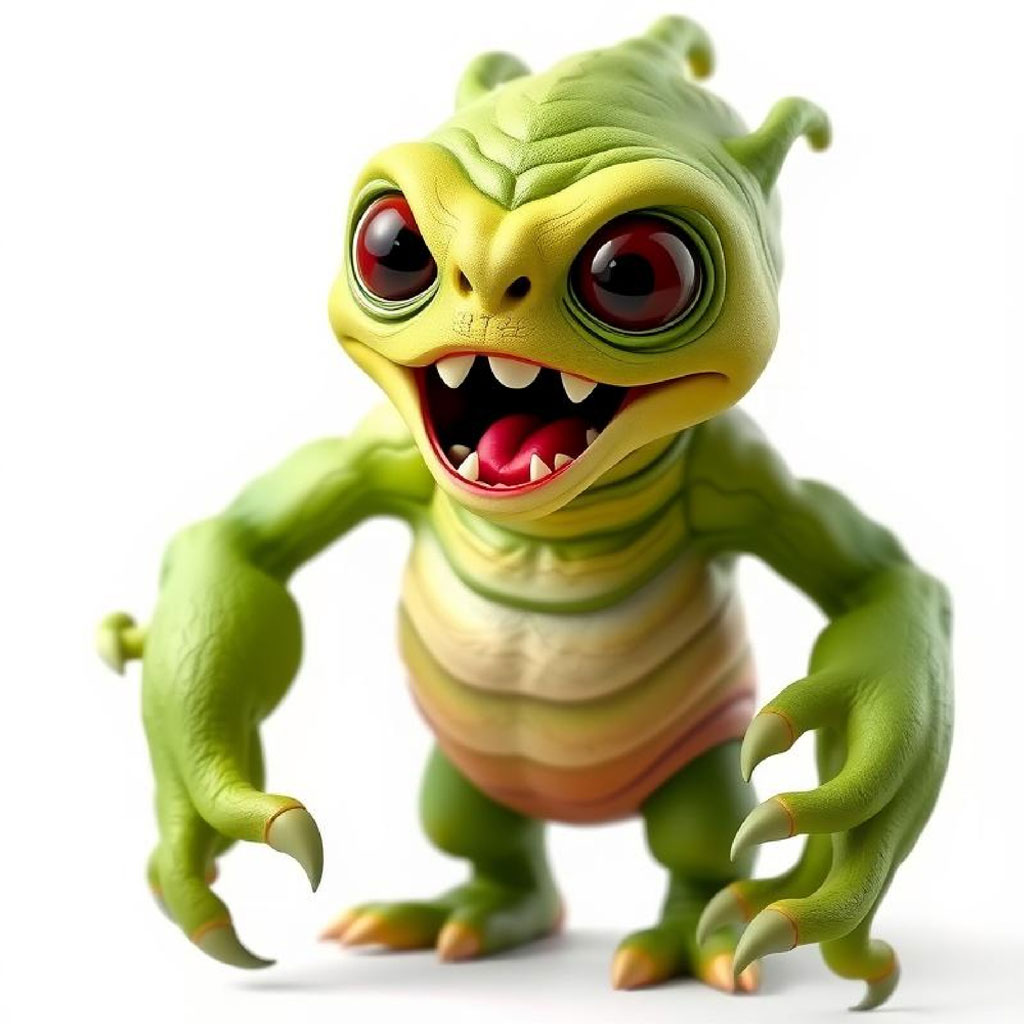 A green toy monster with large red eyes and sharp claws
