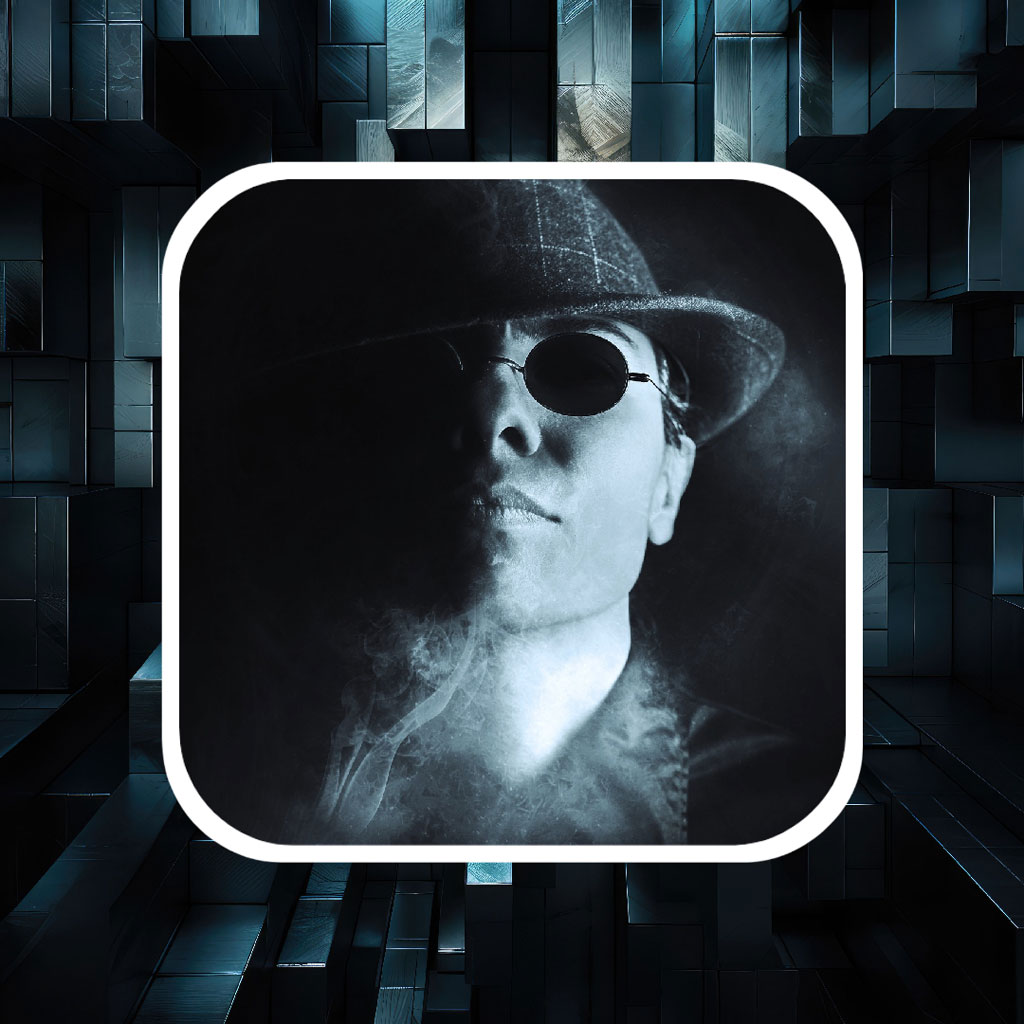 A monochromatic image of a man wearing a hat and sunglasses, surrounded by dark, 3D cubes.
