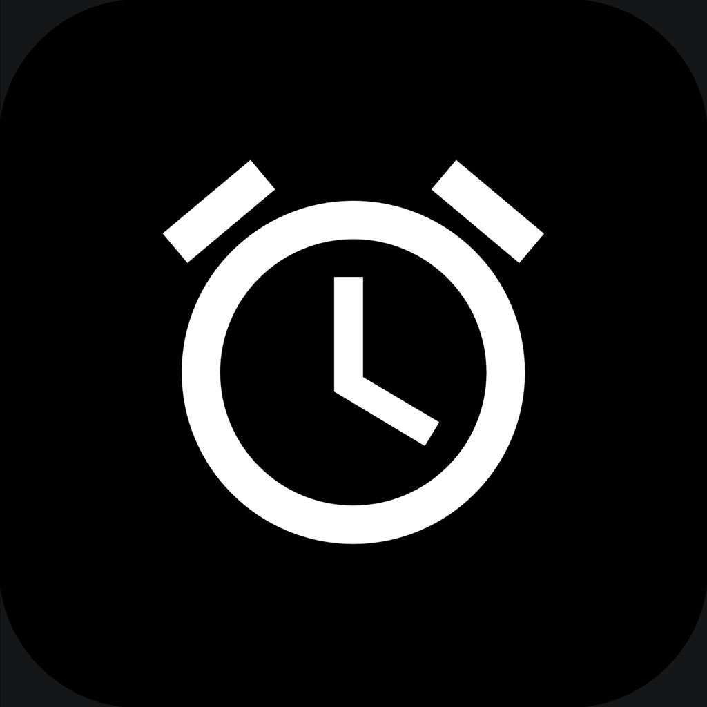 White stopwatch icon on a black rounded square background